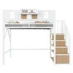 Metal Loft Bed 90x200cm with Storage Ladder & Light Strip, White