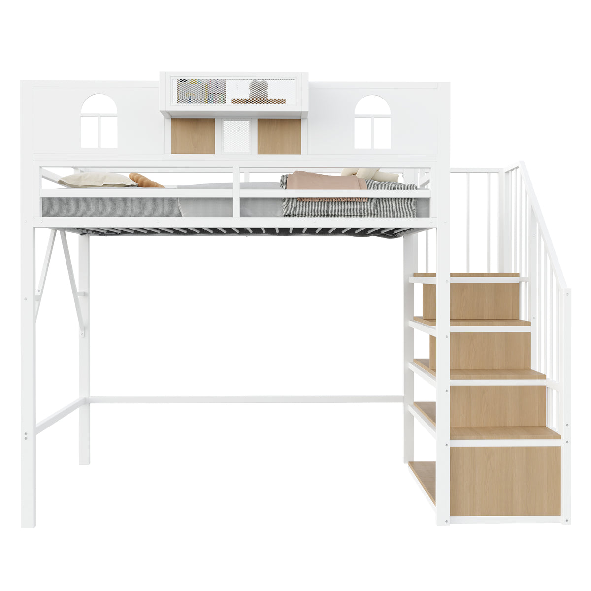 Metal Loft Bed 90x200cm with Storage Ladder & Light Strip, White