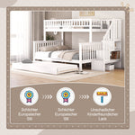Bunk Bed with Rolling Container, Slatted Base and Storage Stairs, White Pine Wood