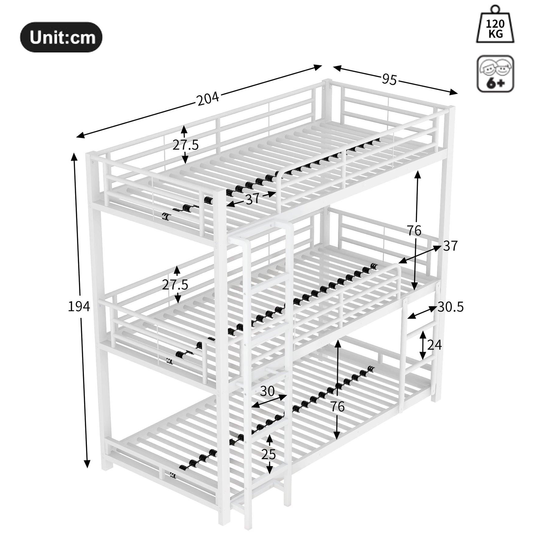 Triple Bunk Bed Frame for Children and Adults, 90x200cm Metal, White