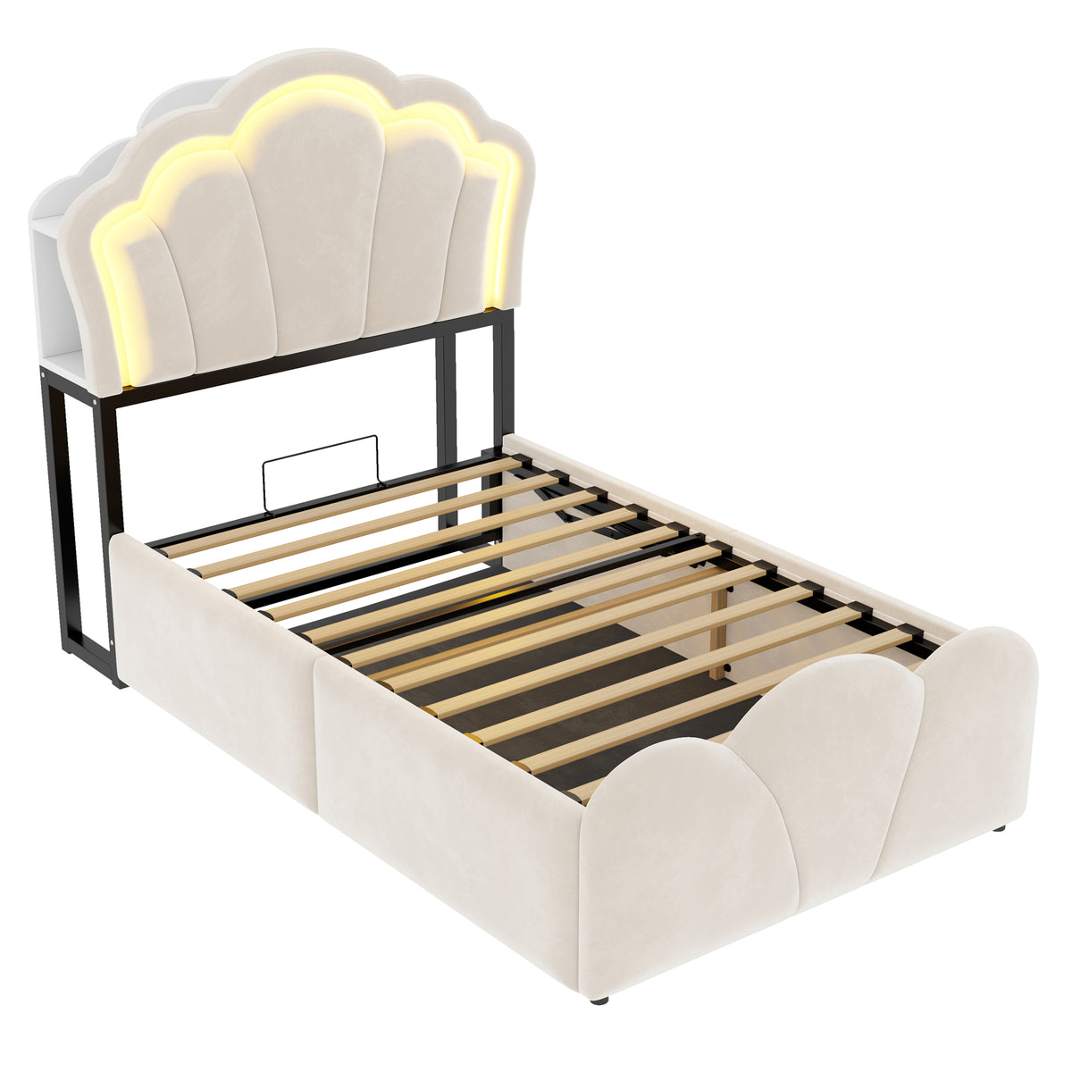 Upholstered Bed 90x200cm with Hydraulic Storage & LED, Beige Velvet