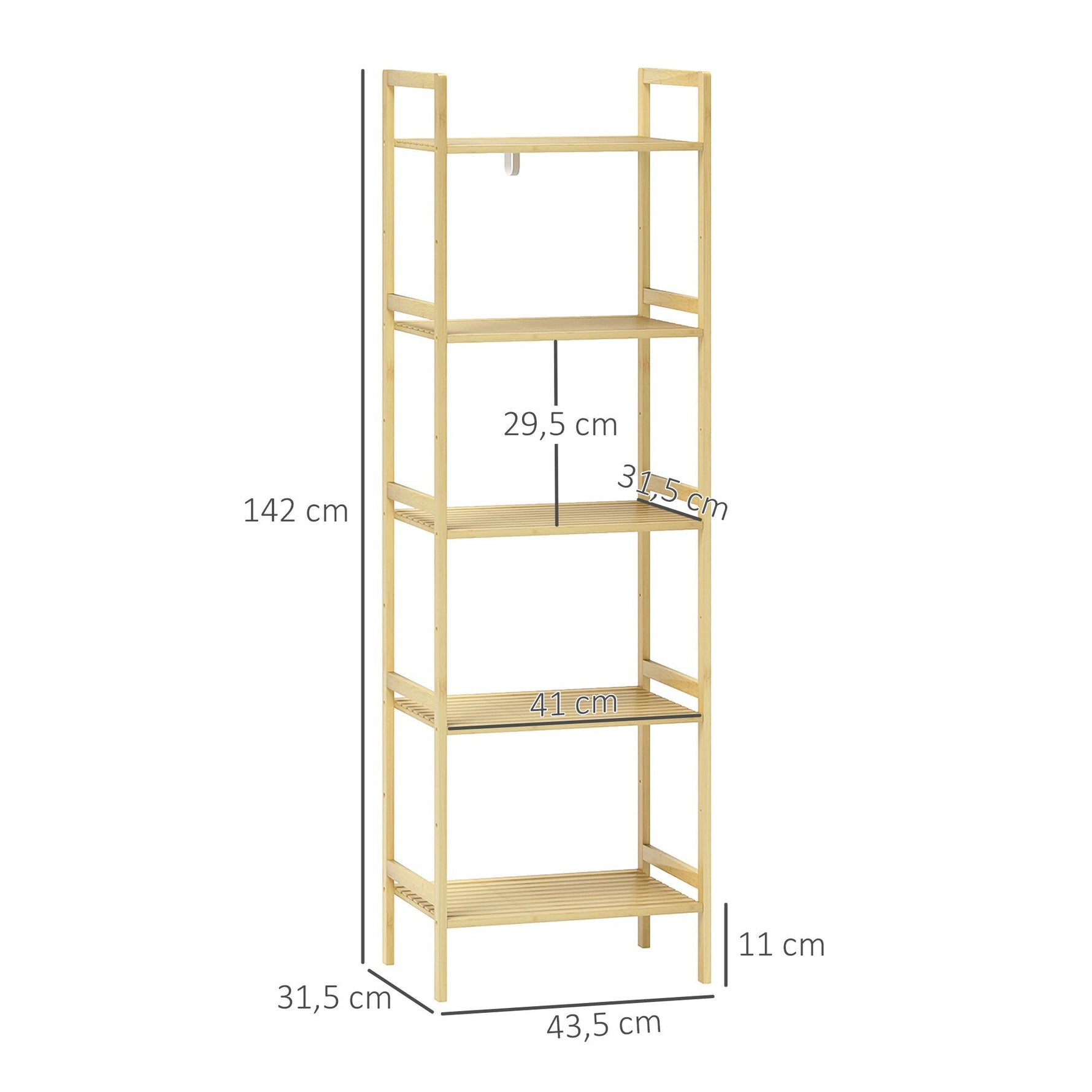 Bathroom Shelf, 5-Tier Storage Rack, Adjustable, Natural Wood