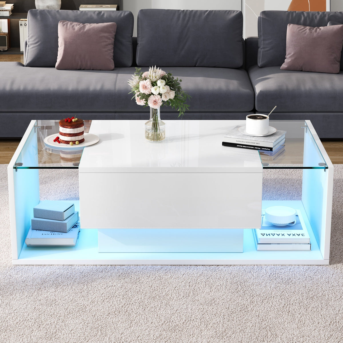 Coffee Table, 1 Drawer LED Light Tempered Glass, White High-Gloss