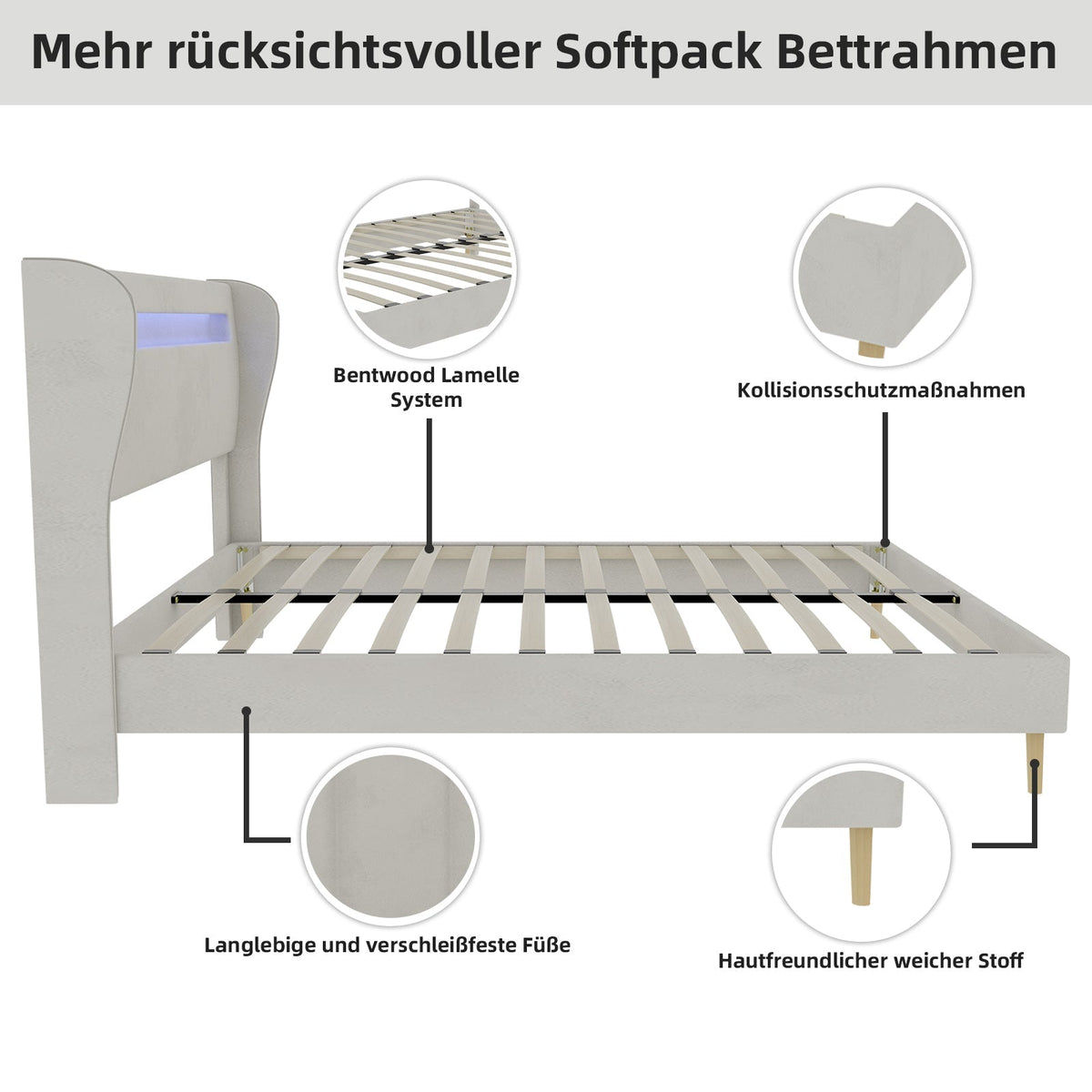 Upholstered Bed, Modern Minimalist LED-backlit Headboard, 160x200 cm, Beige