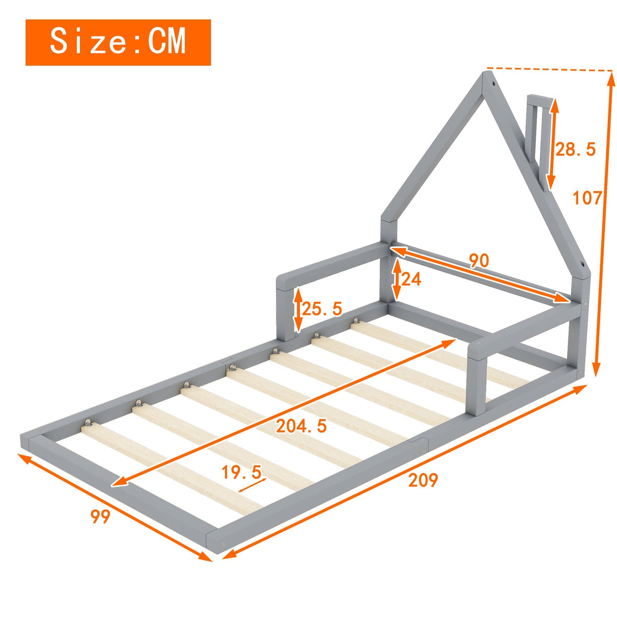 House Bed 90x200cm Flat Bed Simple Design Solid Pine - Grey