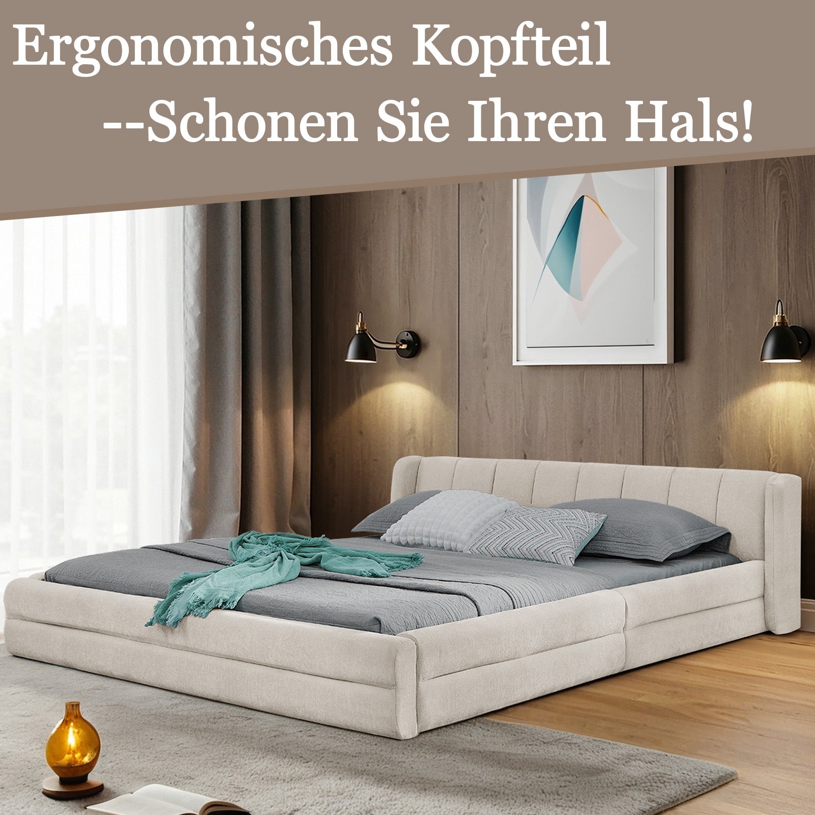 Double Bed with Comfortable Backrest and Sturdy Frame, 140x200cm, Beige Chenille