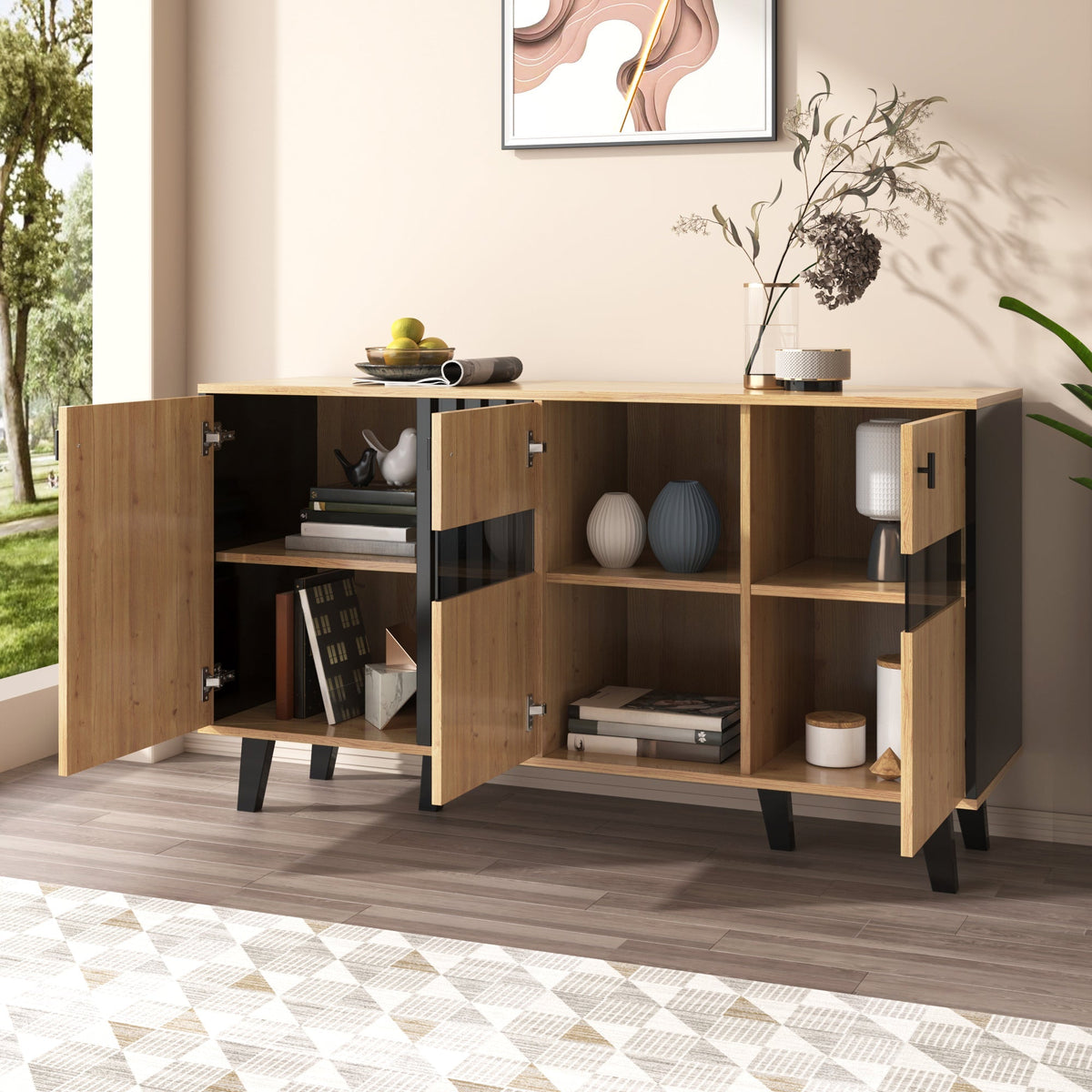 Sideboard, 140x78.5x41 cm, LED Lighting & Glass, Wood and Black