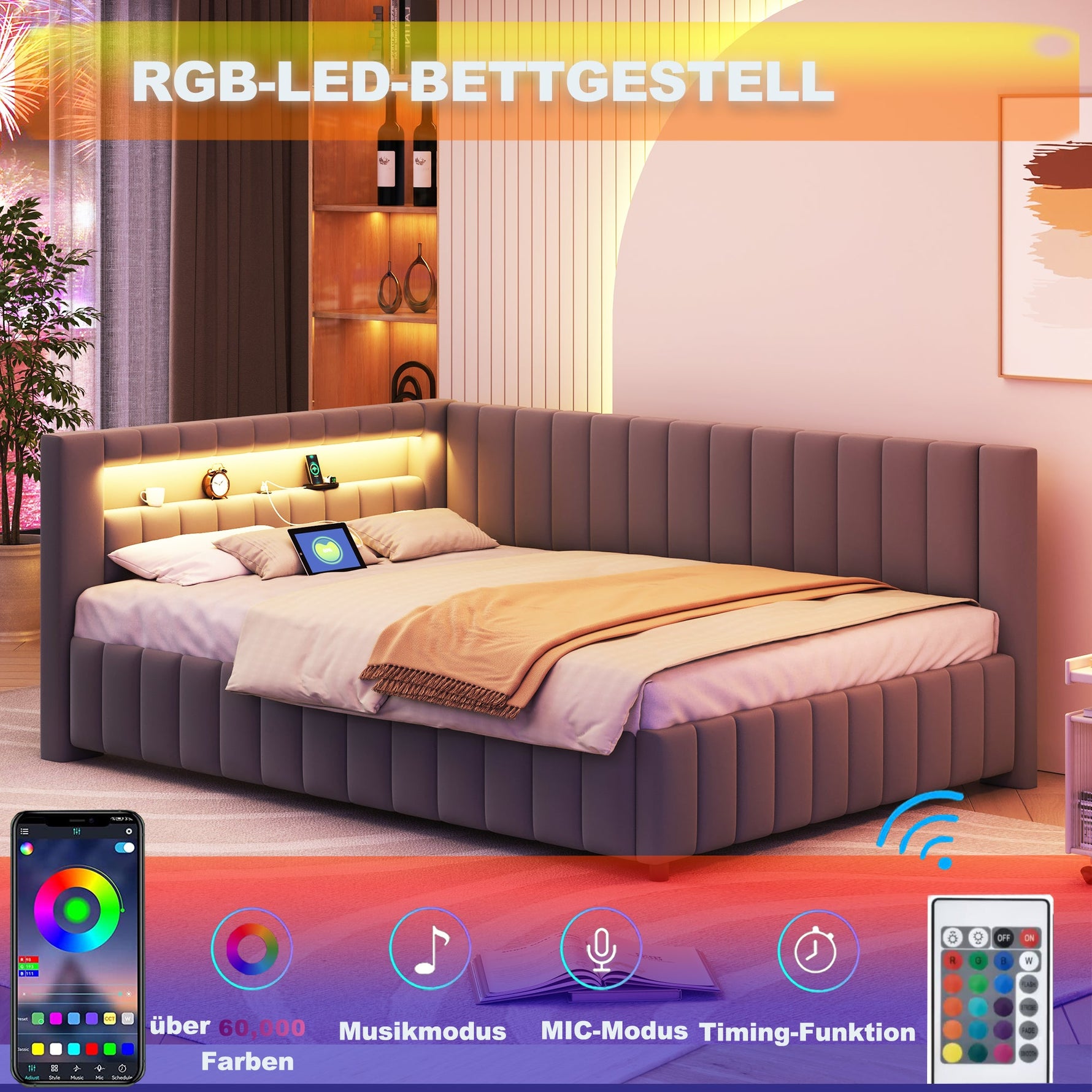 Upholstered Bed/Sofa Bed 140x200 LED Light USB Port Velvet Fabric, Grey
