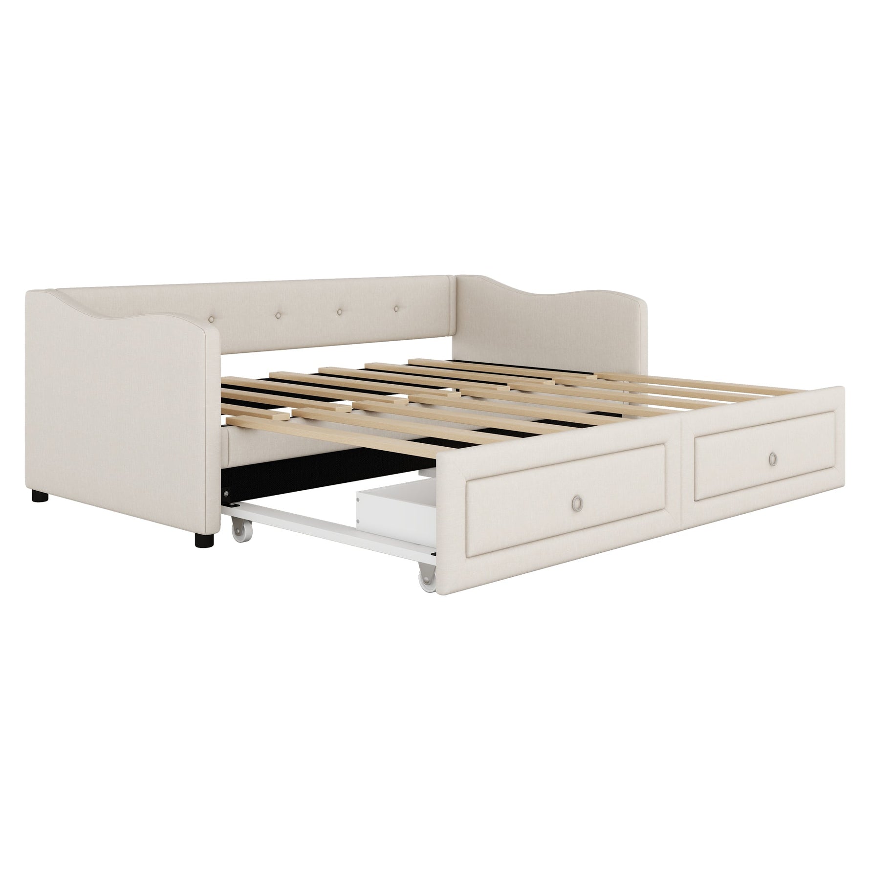 Daybed Sofa Bed 90x200cm Pull-Out Storage Drawers Linen Beige
