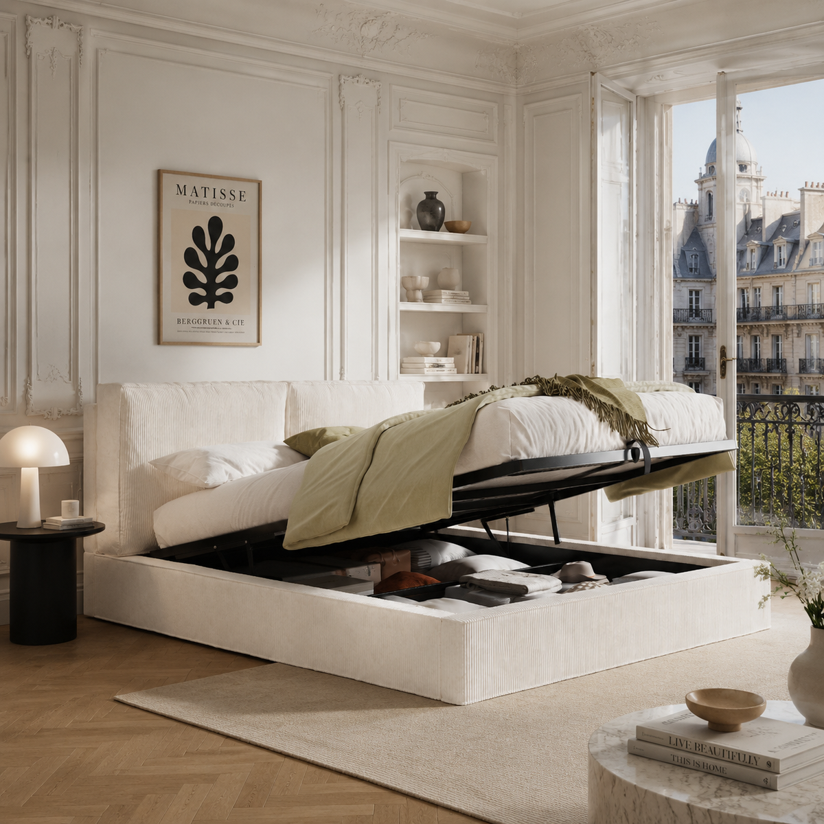 Upholstered Double Bed 180x200cm, Hydraulic Frame, Beige Corduroy