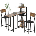 Bar Table with Stool Set, 3-Piece Folding Kitchen Table with Wine Rack, Steel Frame, Brown