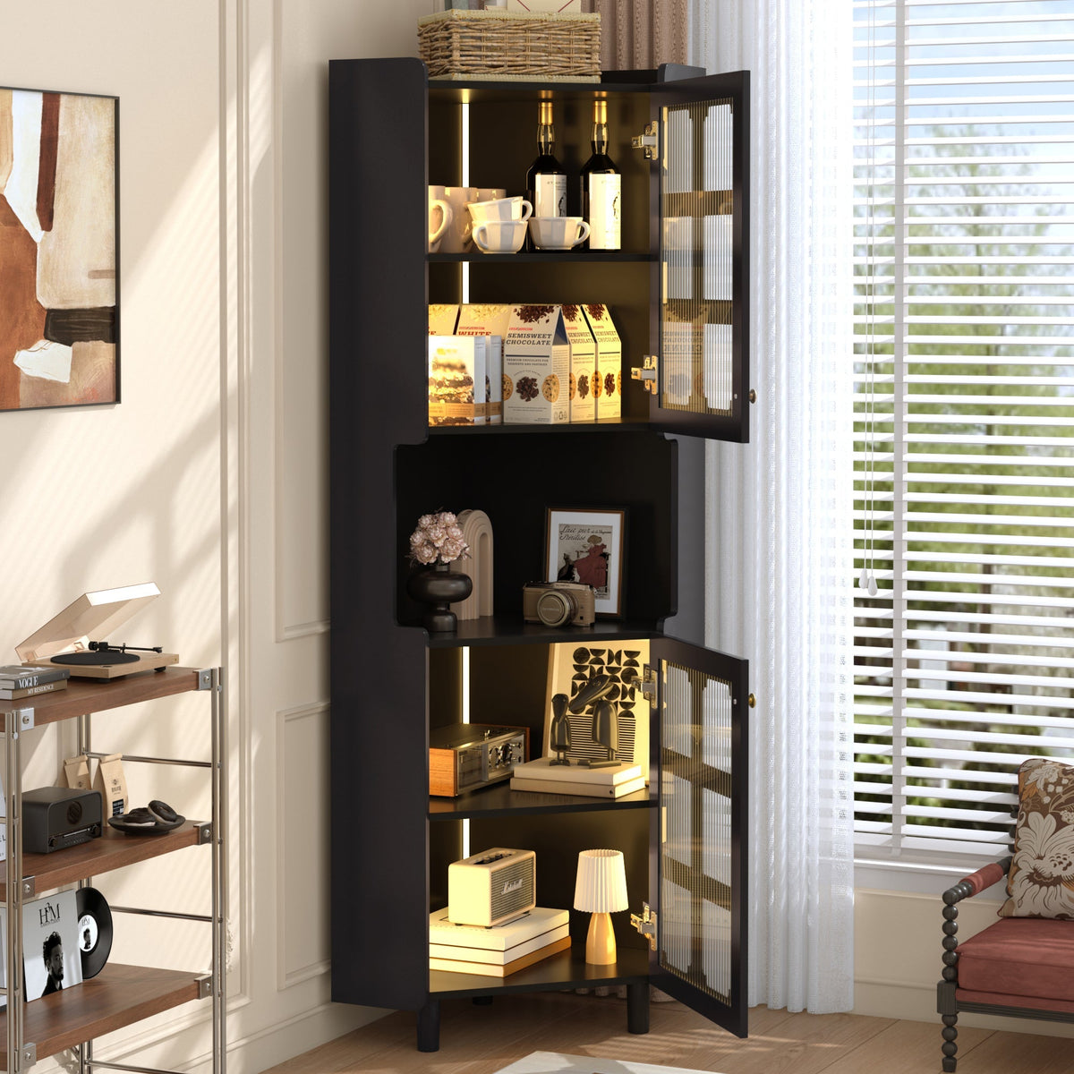 Corner Cabinet Multifunctional LED Storage - Black Lacquer Finish