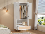 Wardrobe with 2 Doors, Rattan Drawer and Clothes Rail, White