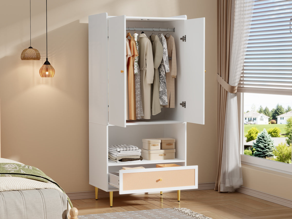 Wardrobe with 2 Doors, Rattan Drawer and Clothes Rail, White