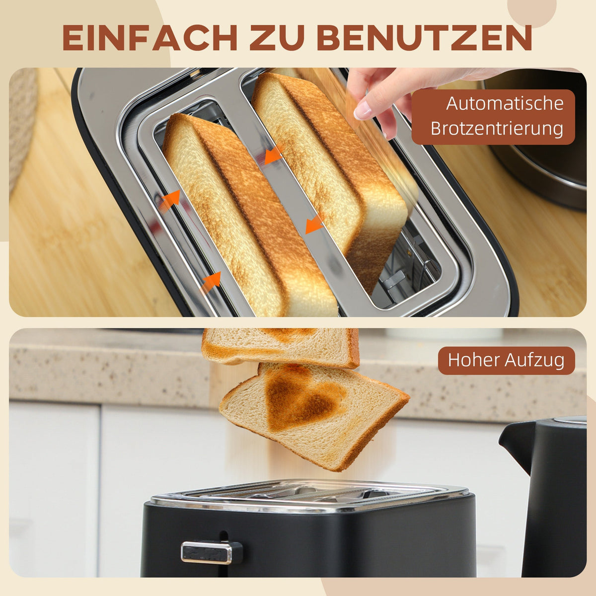 Kettle Toaster Set, 2200W 1.7L 2-Slice 6 Browning Levels, Black