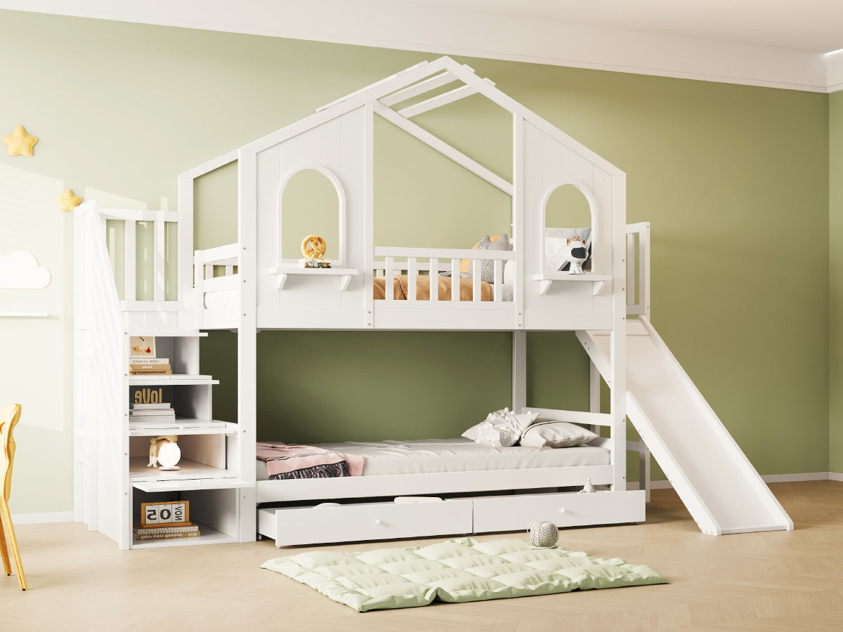 Children's Bunk Bed 90x200 House Shape with Ladder & Slide, White