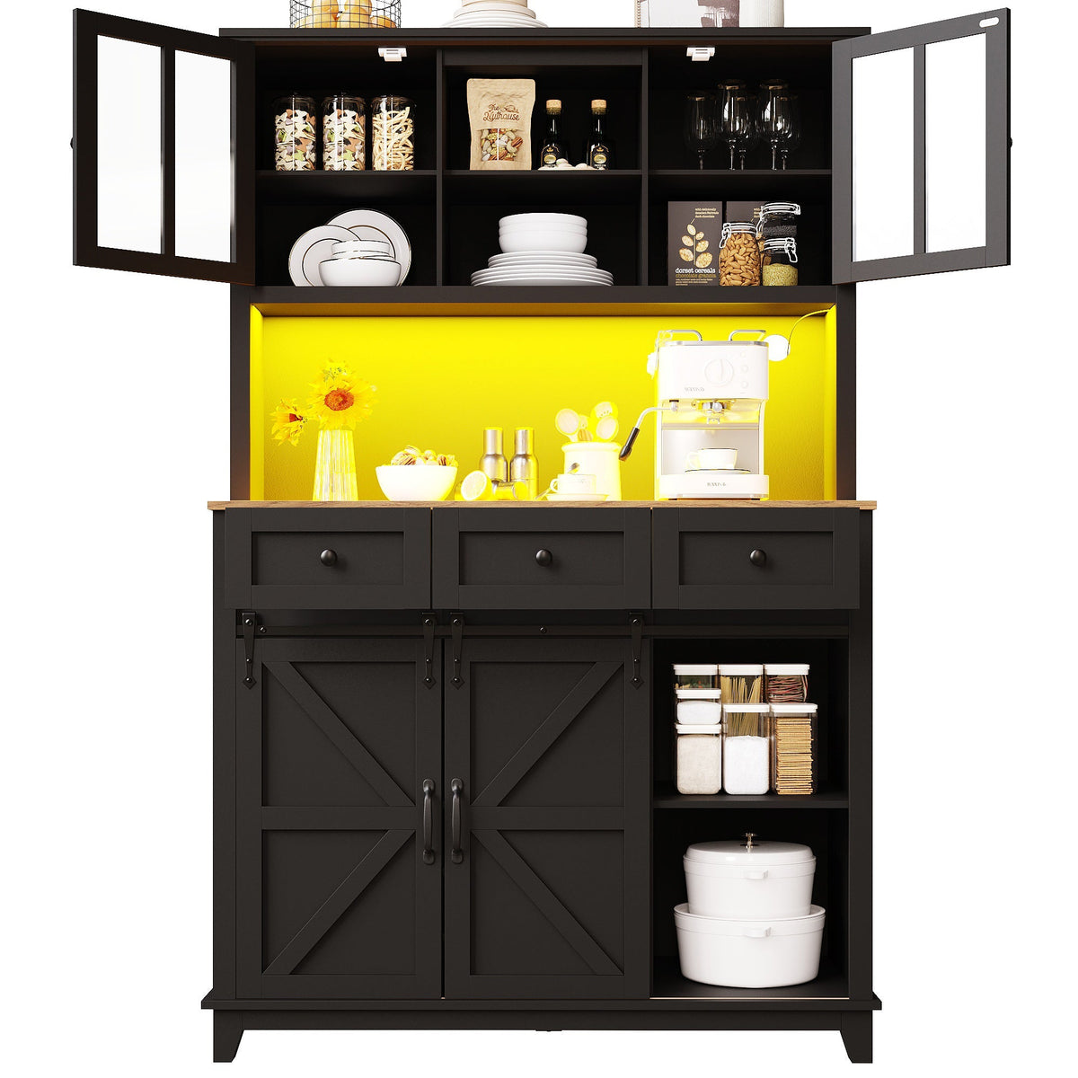 Tall Kitchen Cabinet with LED Lighting and Adjustable Shelves, Black