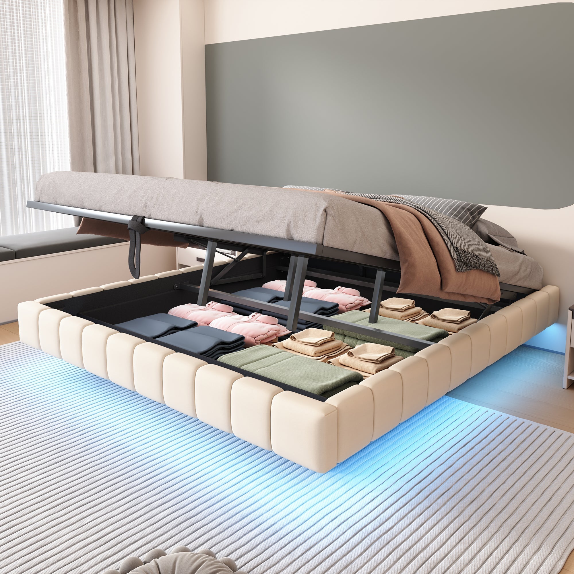 Upholstered Bed 180x200cm Hydraulic Storage LED Light, Linen Beige