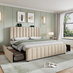 Upholstered Bed 140x190cm with 4 Drawers & USB, Beige Linen