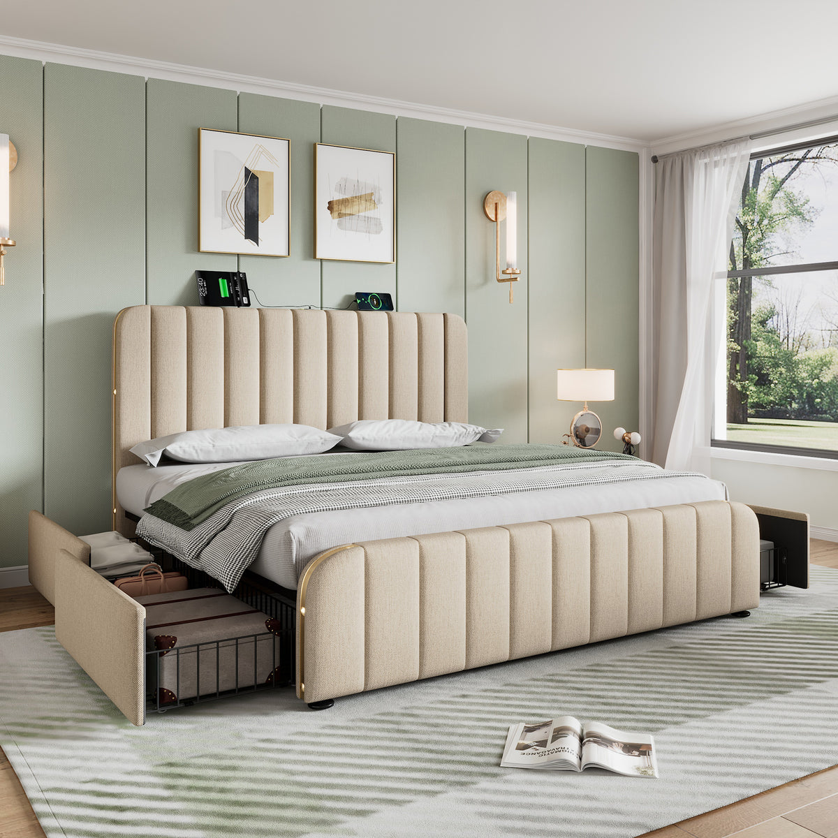 Upholstered Bed 140x190cm with 4 Drawers & USB, Beige Linen