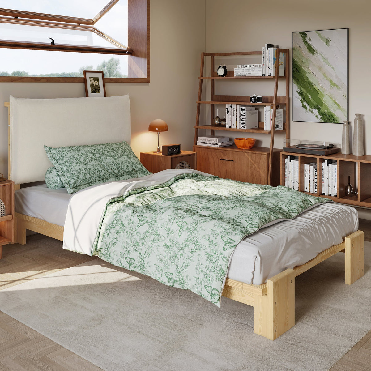 Upholstered Bed, Padded Headboard with Velcro and Sturdy Slatted Base, Pine and Plywood, Natural