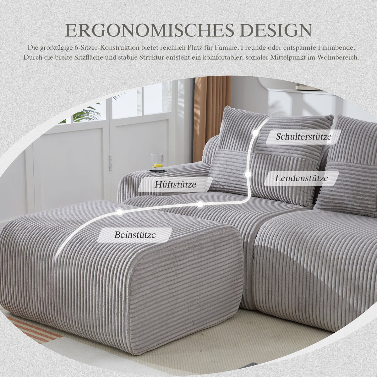 Modular Sofa - 4 Seater 2 Ottomans Cup Holders Storage Corduroy - Light Grey