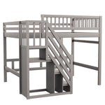 Solid Wood Bed 140x200 with Storage Stairs & Railing, Grey