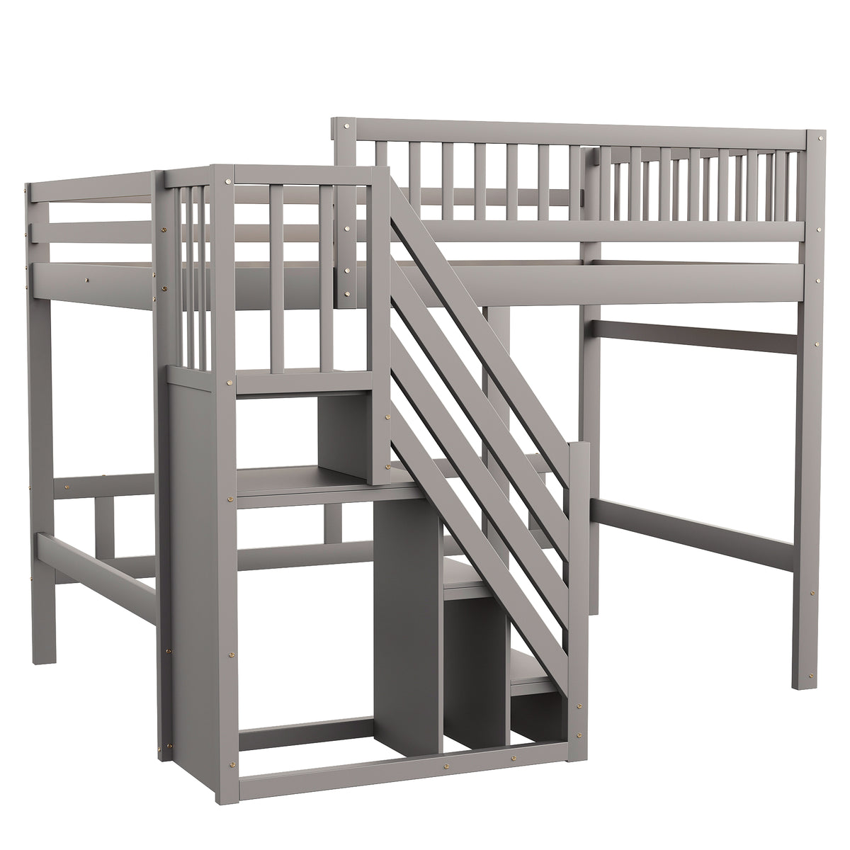 Solid Wood Bed 140x200 with Storage Stairs & Railing, Grey