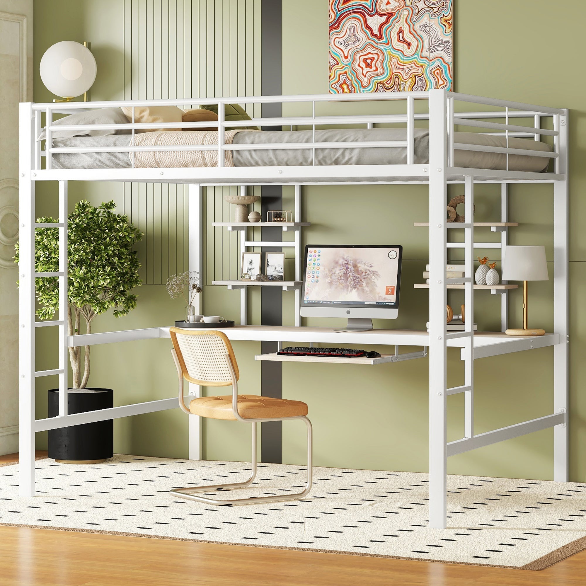 Loft Bed with Desk and Bookshelves, 140x200 cm Metal Frame, White