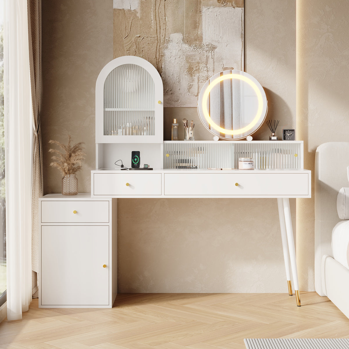 Vanity Table with LED Mirror & USB Ports, L-Shape Design, White