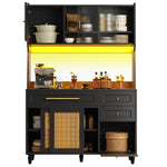 Tall Cabinet Buffet Display LED Rattan 3 Drawers - Black
