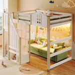 Loft Bed with LED Lights, Window Design and Storage Ladder, White and Natural
