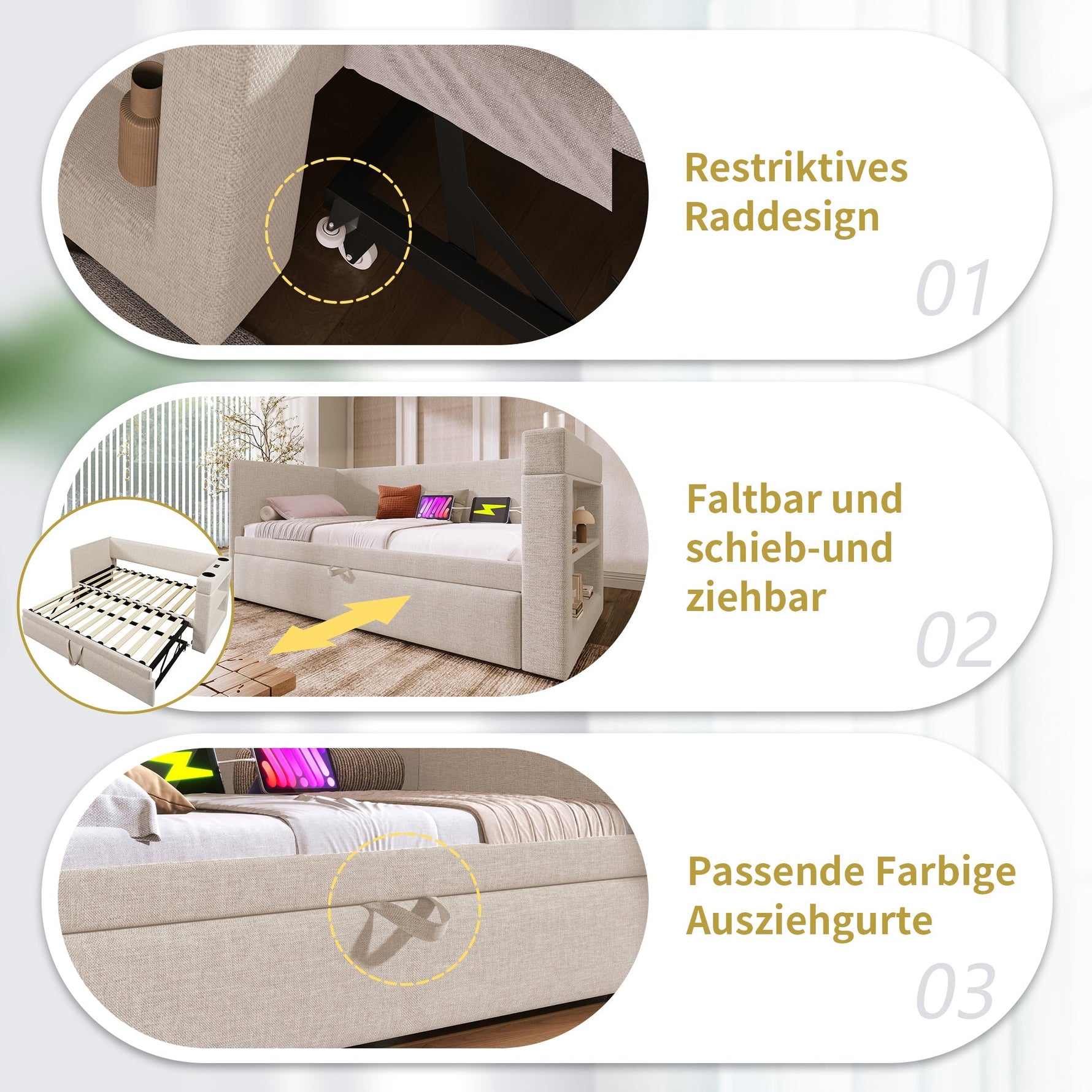 Upholstered Daybed Sofa Bed 90x200cm Pull-out USB/Type-C Armrests Linen Beige