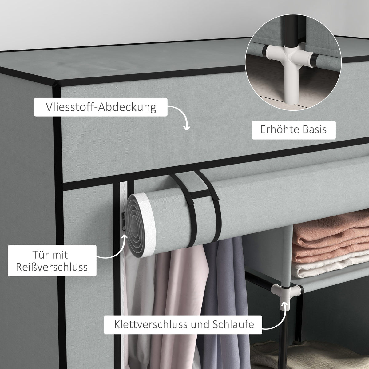 Fabric Wardrobe 5 Compartments, Clothes Rail, Light Grey