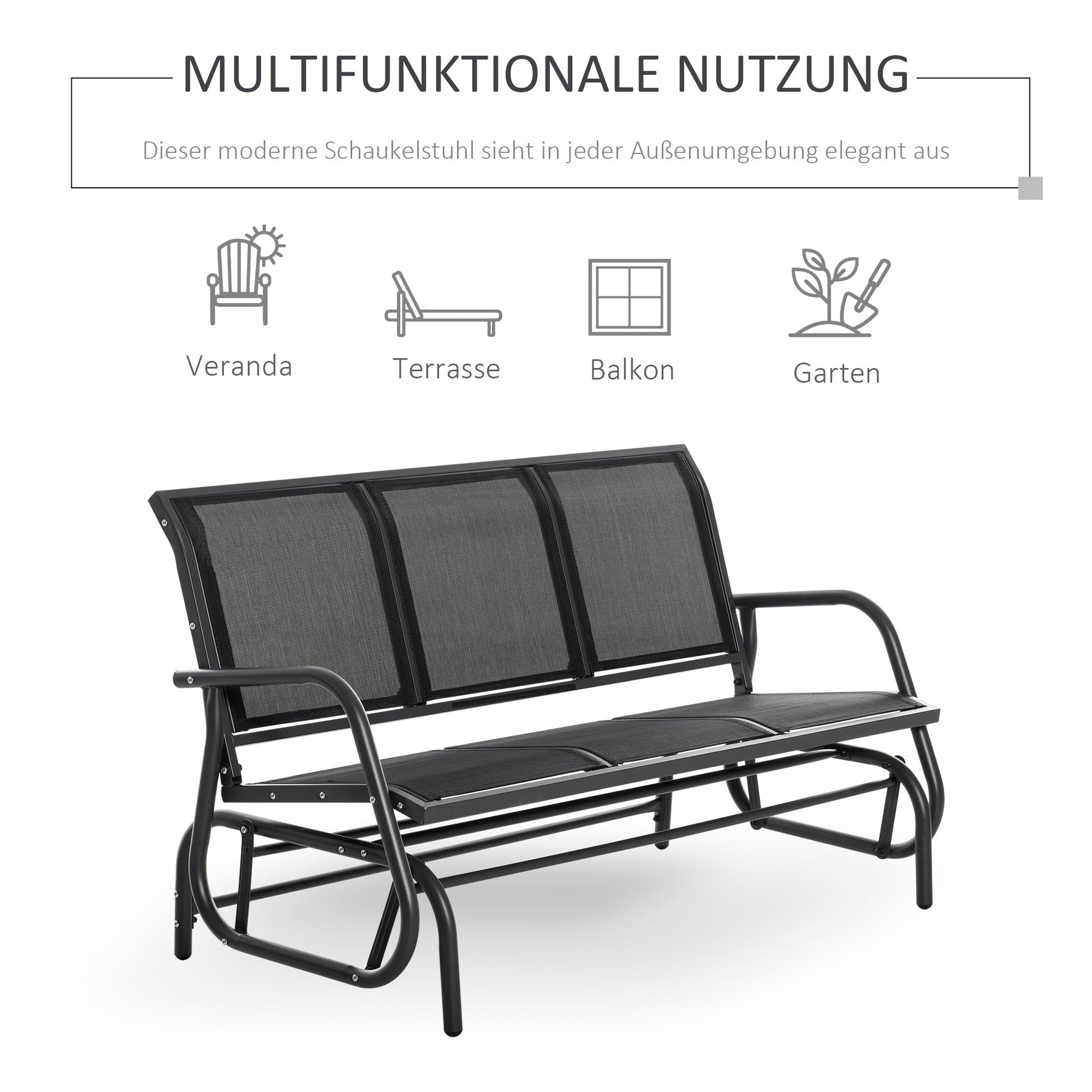 Rocking Chair 3-Seater Garden Swing Sturdy Weatherproof, Metal Black