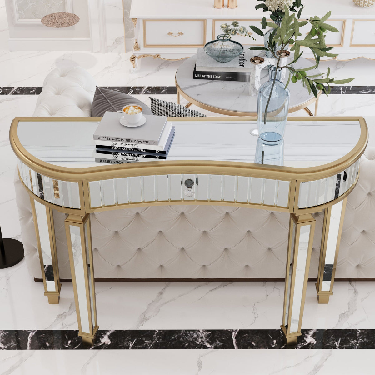 Half-Moon Console Table 120cm Mirrored Fluted Glass Drawer - Gold/Silver