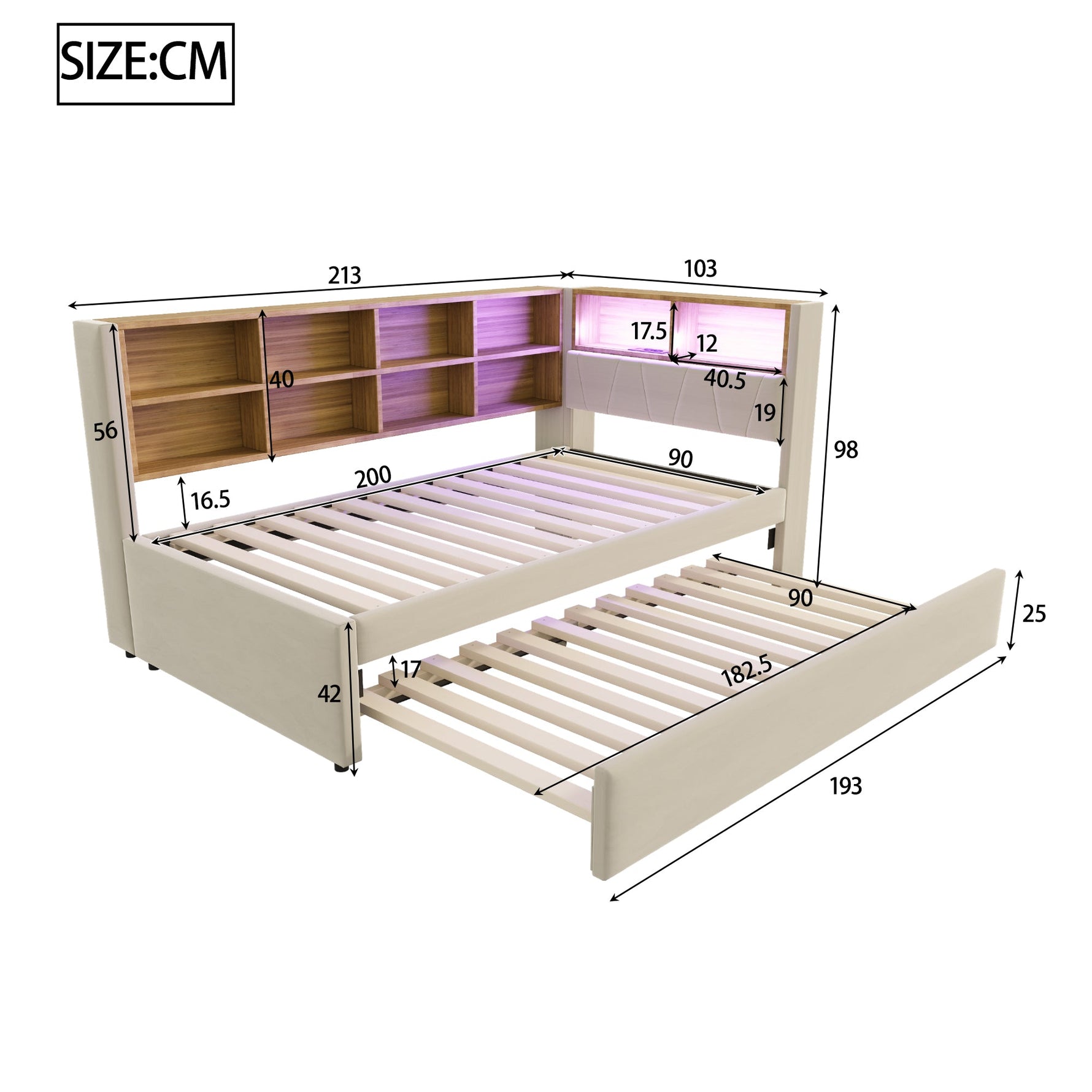 Sofa Bed with Pull-Out Bed, USB Socket, Storage, Upholstered, Beige