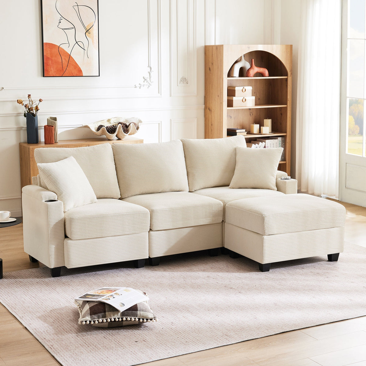 L-shaped Corner Sofa, Convertible 3-Seater with Footstool, Cup Holder, USB Charger, Armrest Storage, Beige