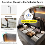 Hydraulic Double Bed 140x200cm, High Headboard LED Storage USB, Linen Look Grey