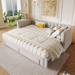 Daybed with Extendable Frame and 2 Storage Drawers, Beige Samt and MDF