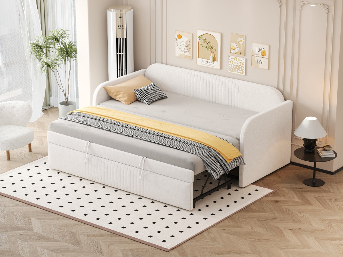 Upholstered Bed Pull-Out Sofa Bed, 90/180*190cm Multifunctional with Slatted Frame, Beige Linen