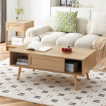 Wicker Coffee Table Sliding Doors Solid Wood Legs - Natural Color