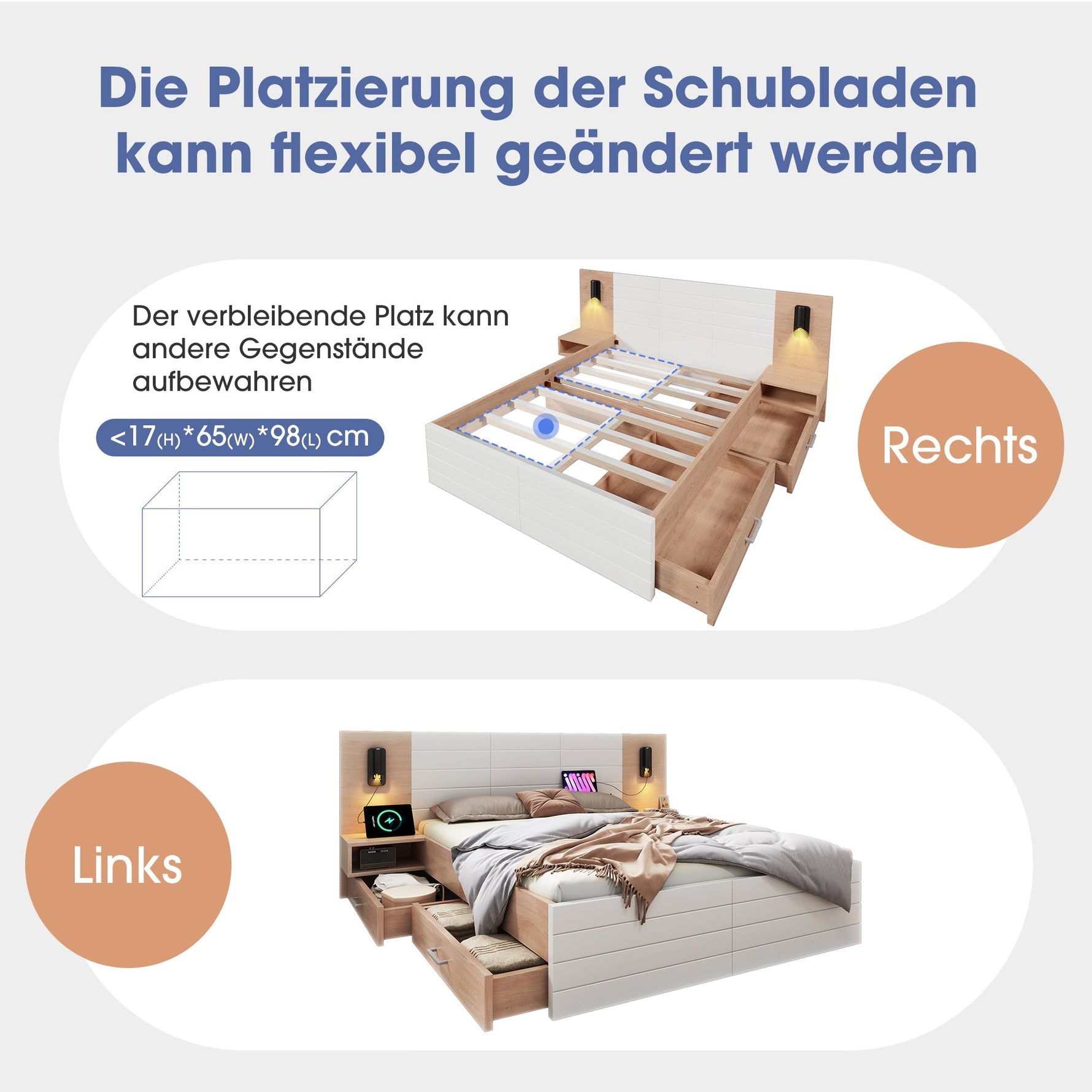 Double Wooden Bed, 180x200cm with 2 Drawers & USB Reading Light, Oak/White
