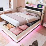 Children's Upholstered Bed 90*200cm, Lights, USB, Storage, Beige Linen