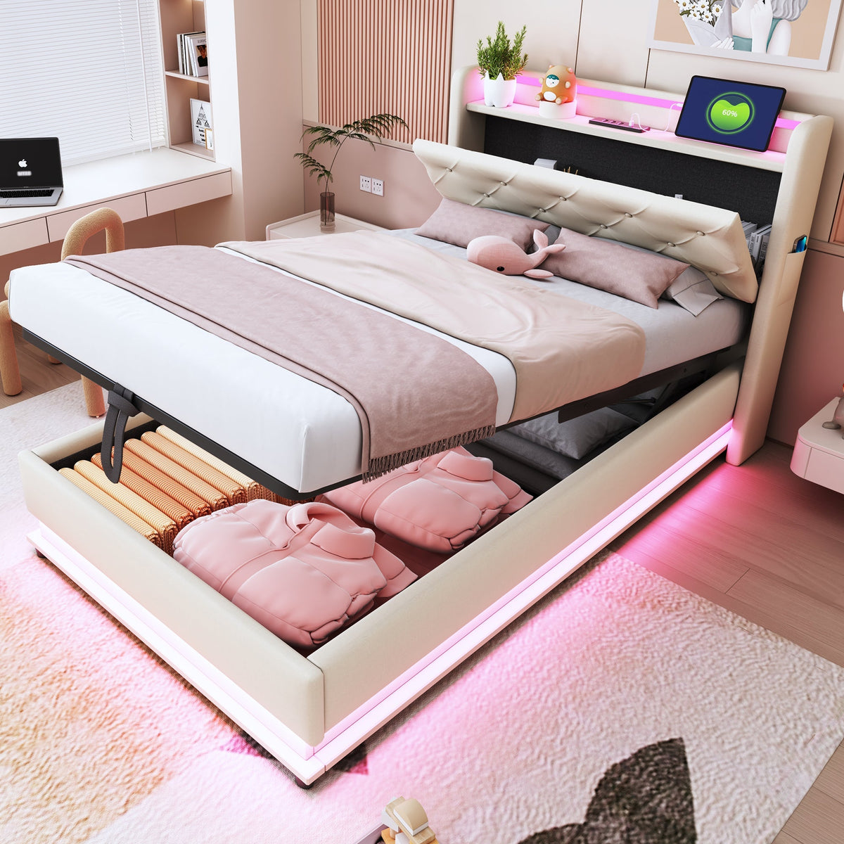 Children's Upholstered Bed 90*200cm, Lights, USB, Storage, Beige Linen