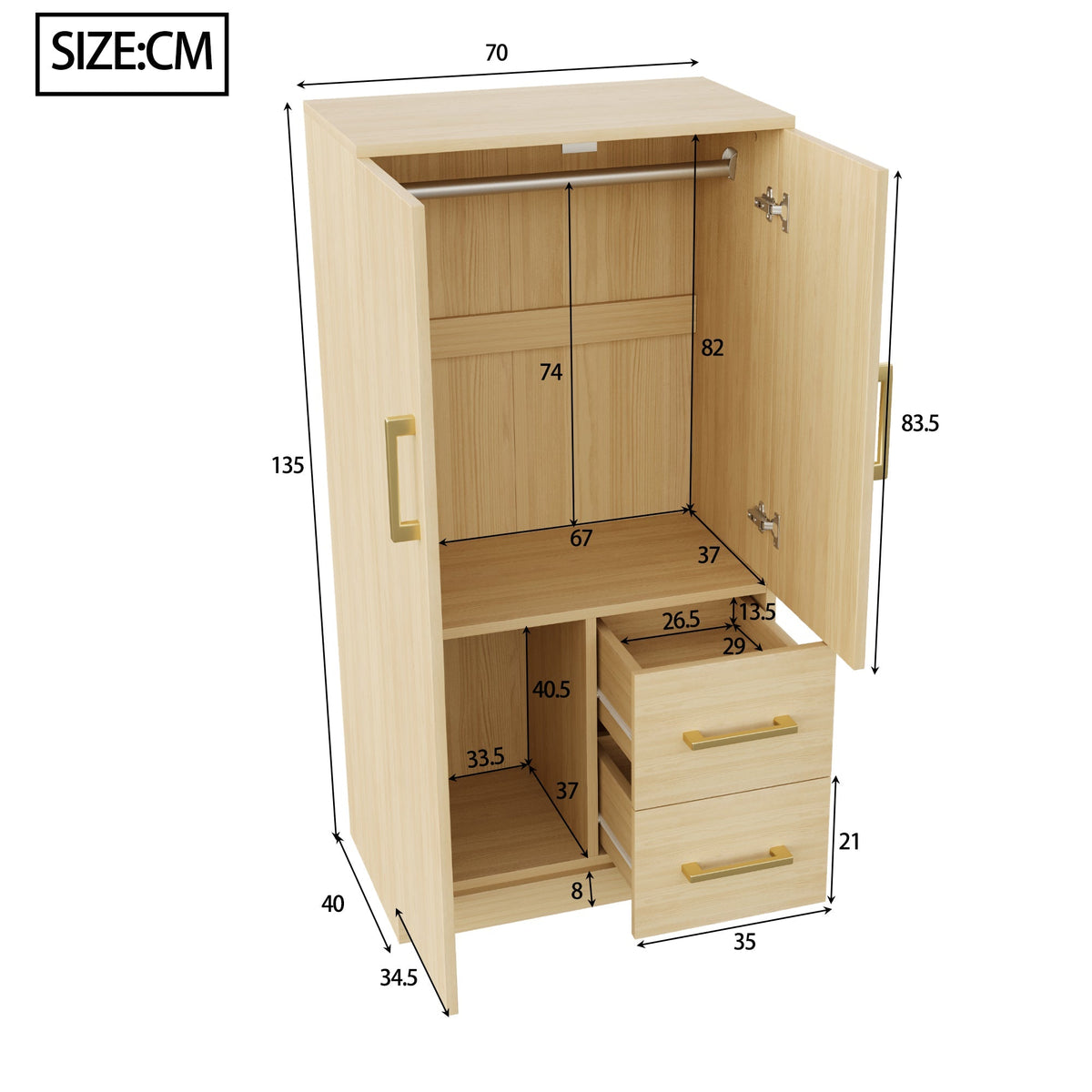 Wardrobe 70x40x135cm Double Door Drawers Storage Wood Color