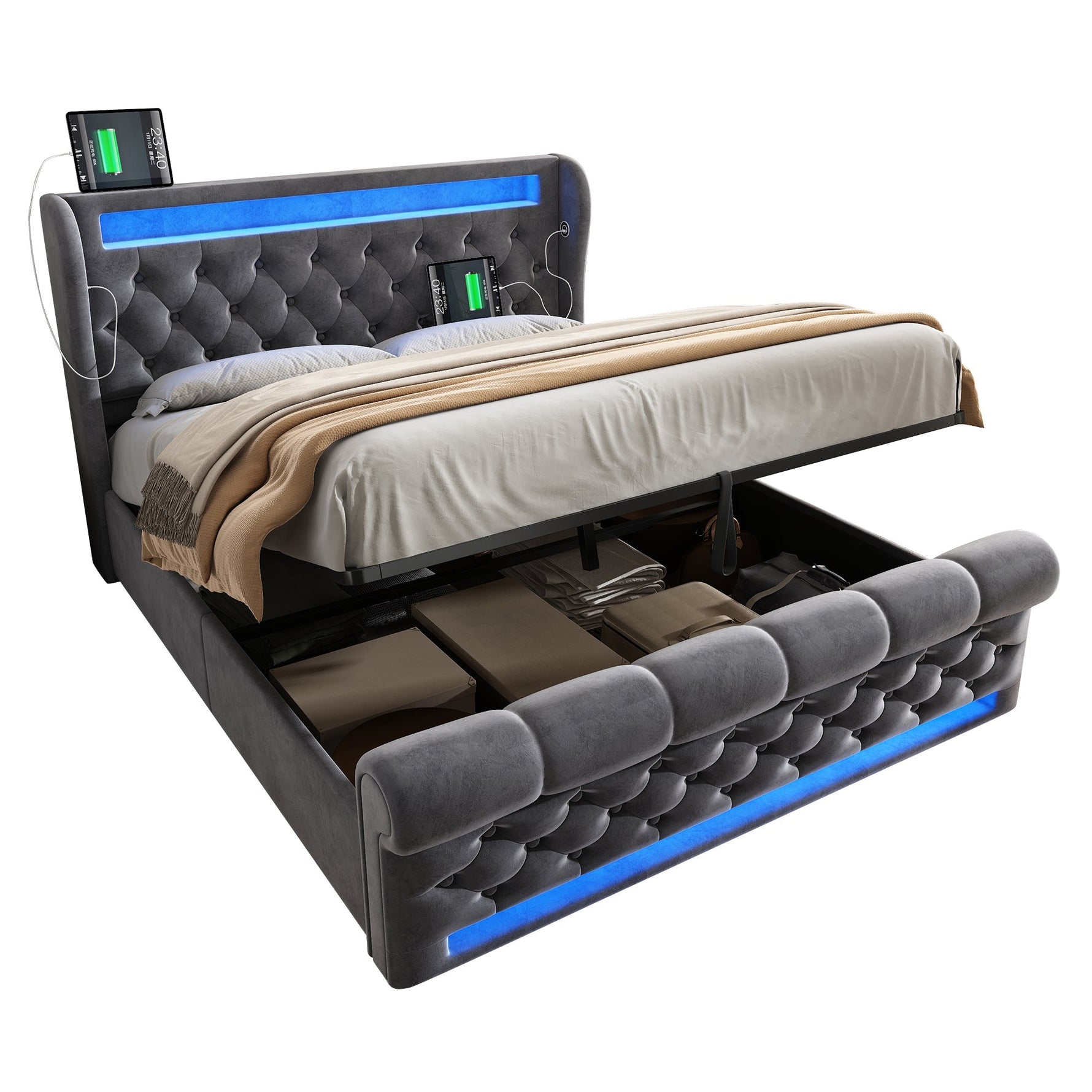 Modern Upholstered Double Bed 140x200cm LED Storage USB-C Hydraulic Grey Velvet