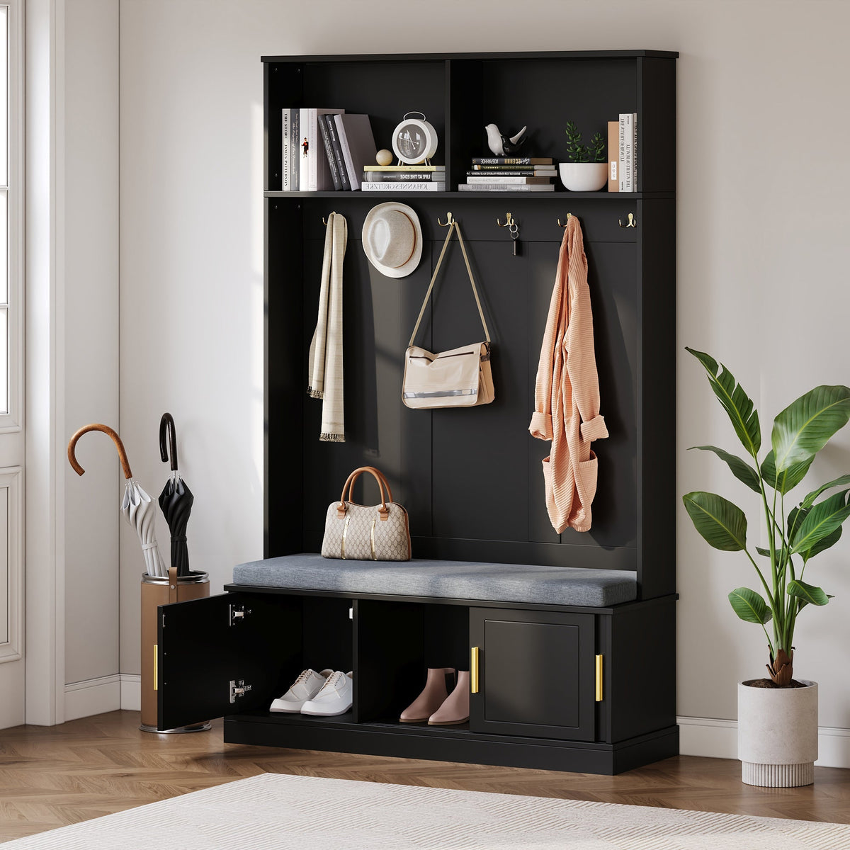Coat rack with shoe bench wardrobe, 6 triple hooks, freestanding, space-saving, black