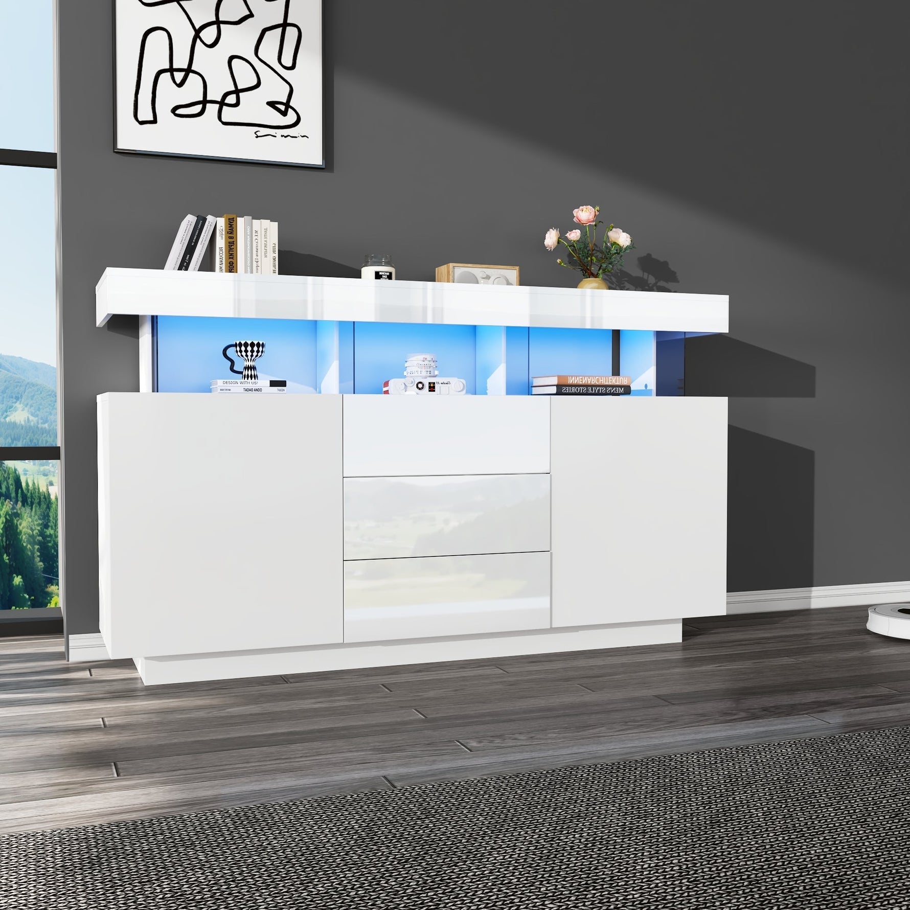 Modern Sideboard High-Gloss Coffee Bar LED Light Strip 140x35x80cm White Acrylic