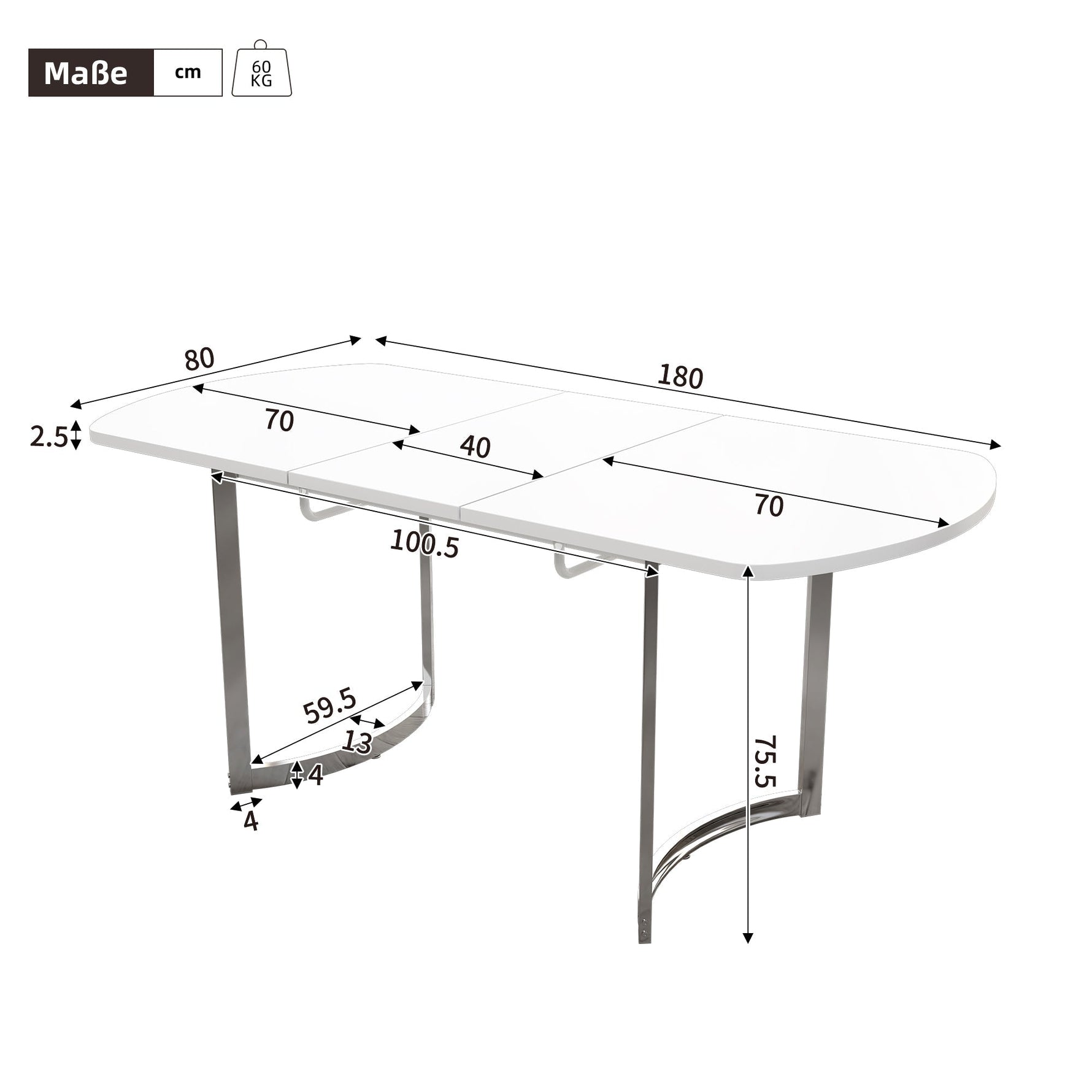 Extendable Dining Table 140/180x80cm 4-6 Seater Modern Silver Metal Legs - White